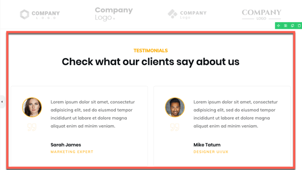 19 edit elements testimonial page block added