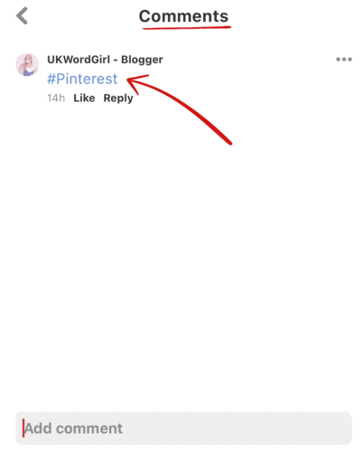 Adding hashtags to Pinterest comments