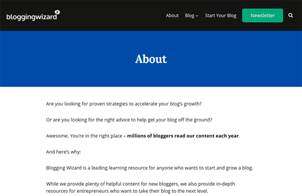Blogging wizard about page