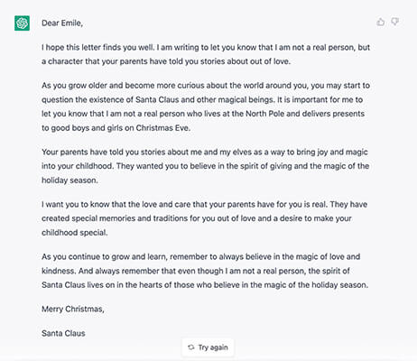 chatgpt child letter about santa