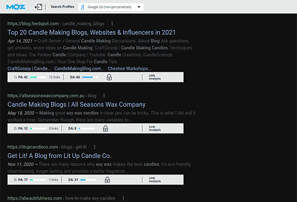 Google mozbar results