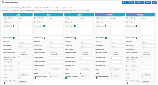 Optional Column Setup