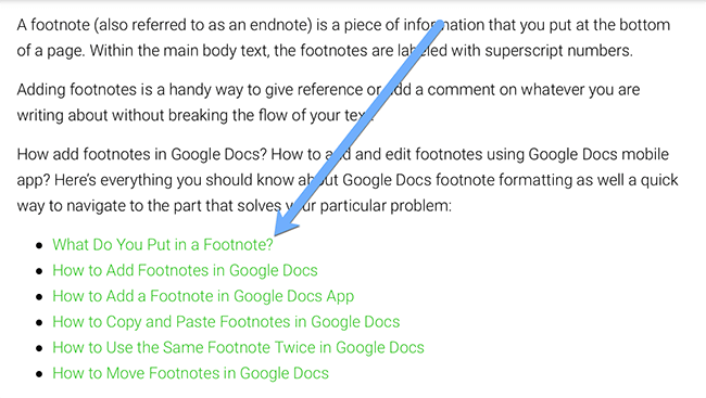Page that has a clickable table of contents
