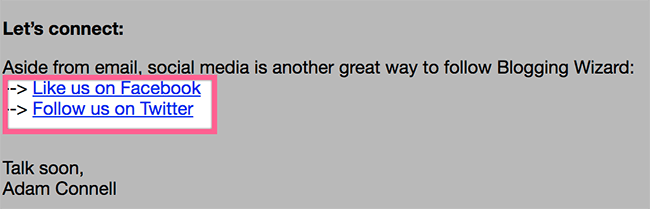 Prompts to follow on social media in welcome email