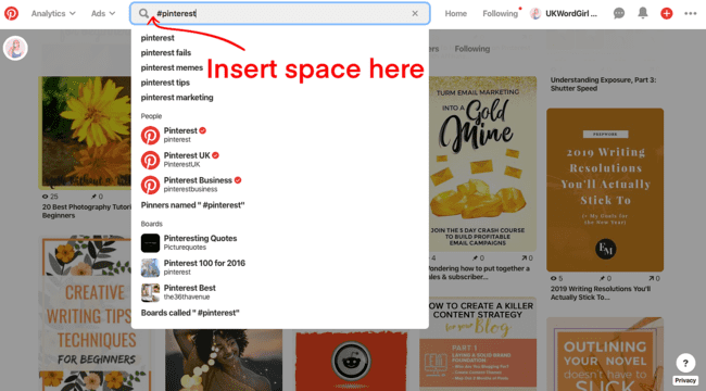 Use search bar to find hashtags