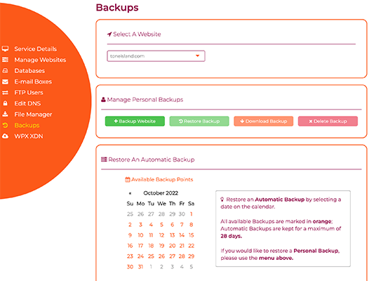 wpx automatic and manual backups