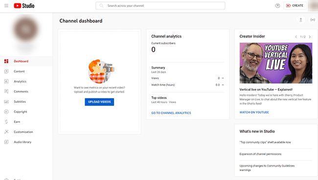 YouTube Studio Homepage