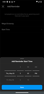 instagram reminder start time