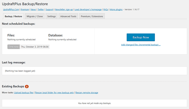 main updraftplus tab