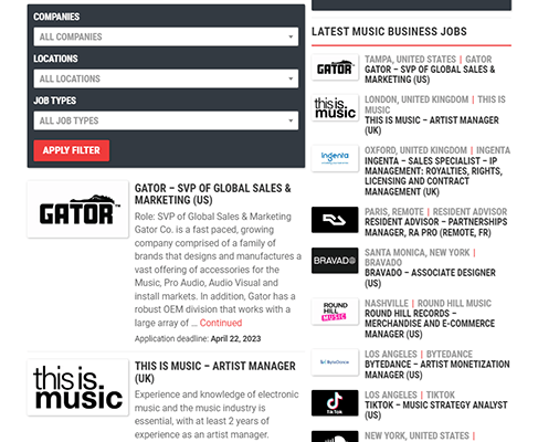 music business worldwide jobs