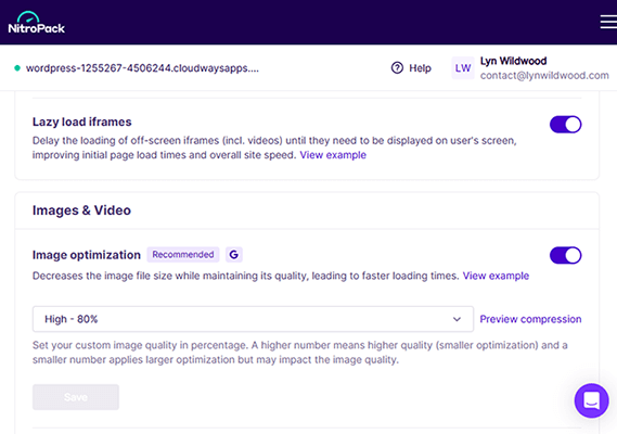 nitropack dashboard image compression