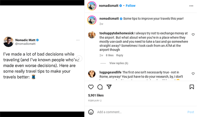 nomadic matt instagram post example