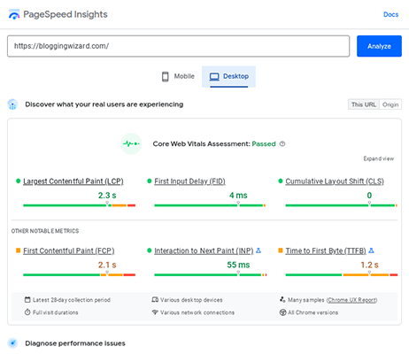 pagespeed insights blogging wizard
