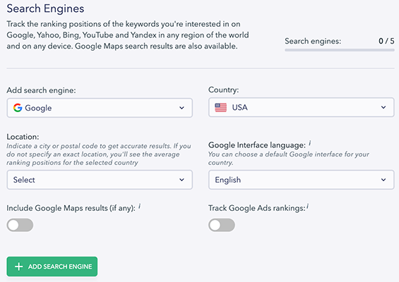 project settings search engines