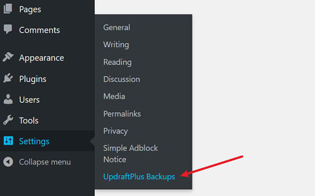 updraftplus menu item