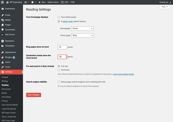 wordpress rss settings