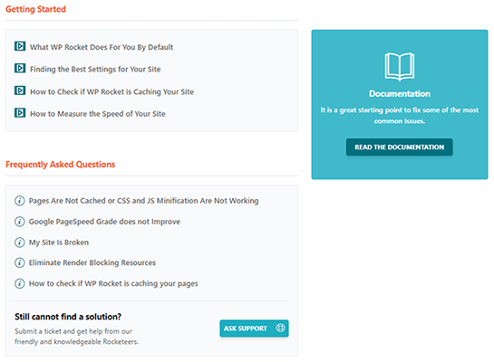 wp rocket dashboard support